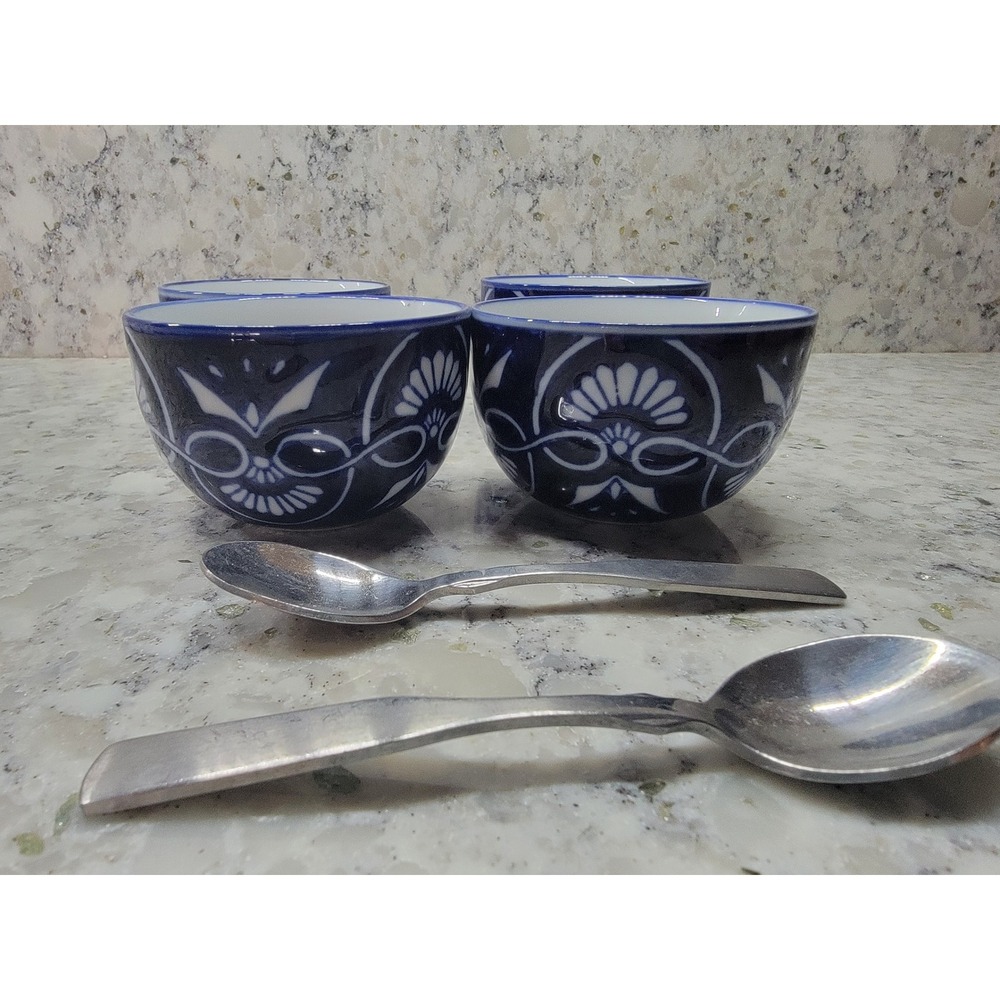 Bombay Demitasse Tea Cups and 2 Spoons & 4 Cups Blue White‎ Floral Discontinued